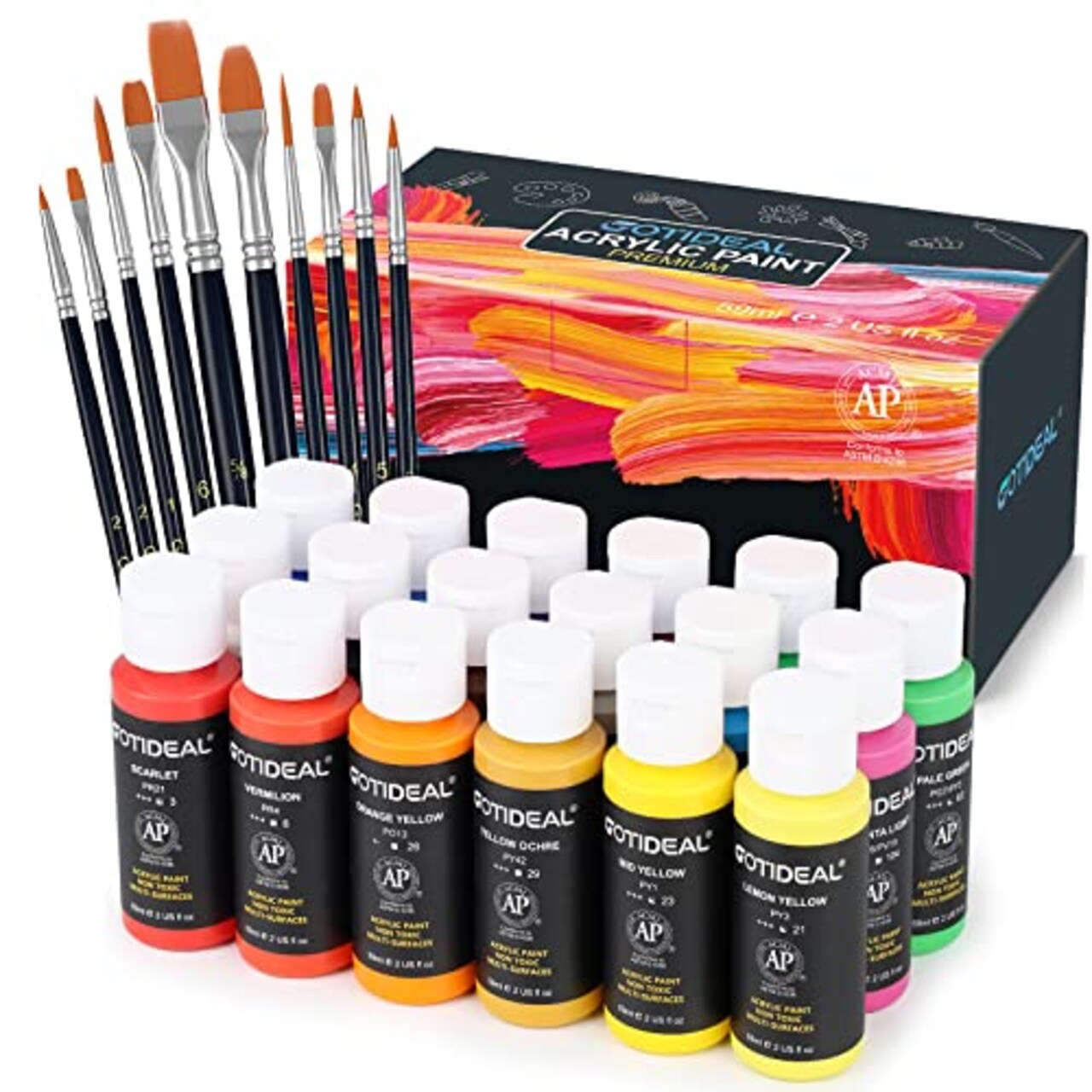 Acrylic Paint Set with 10 Brushes, 18 Colors(59ml, 2 oz) Art Craft Paint Non Toxic, Perfect for Hobby Painters, Artist, Adults, Ideal for Canvas Wood Ceramic Paint Supplies